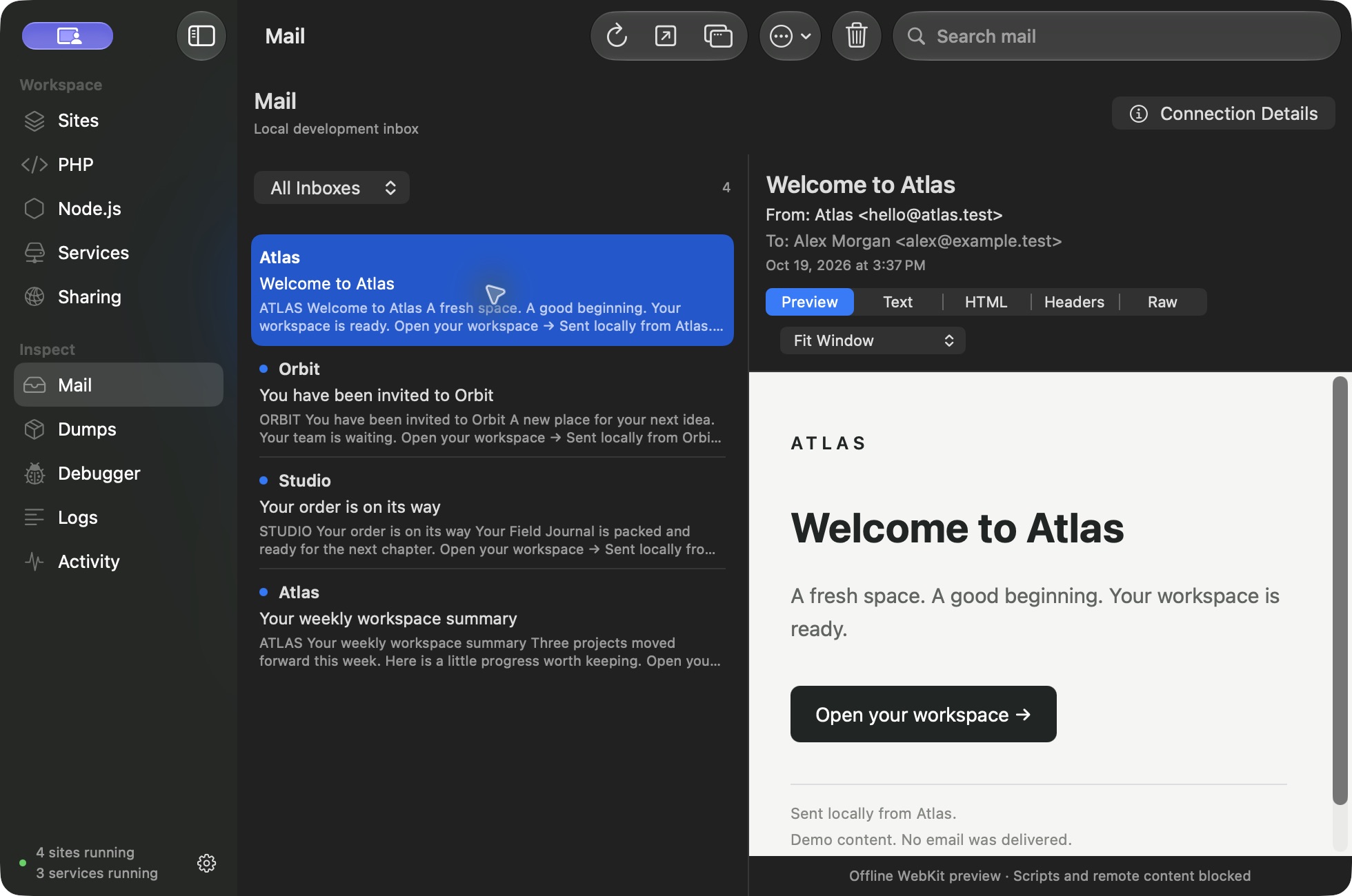 PXM Mail showing four local messages and the Welcome to Atlas HTML preview, with Preview, Text, HTML, Headers, and Raw views.