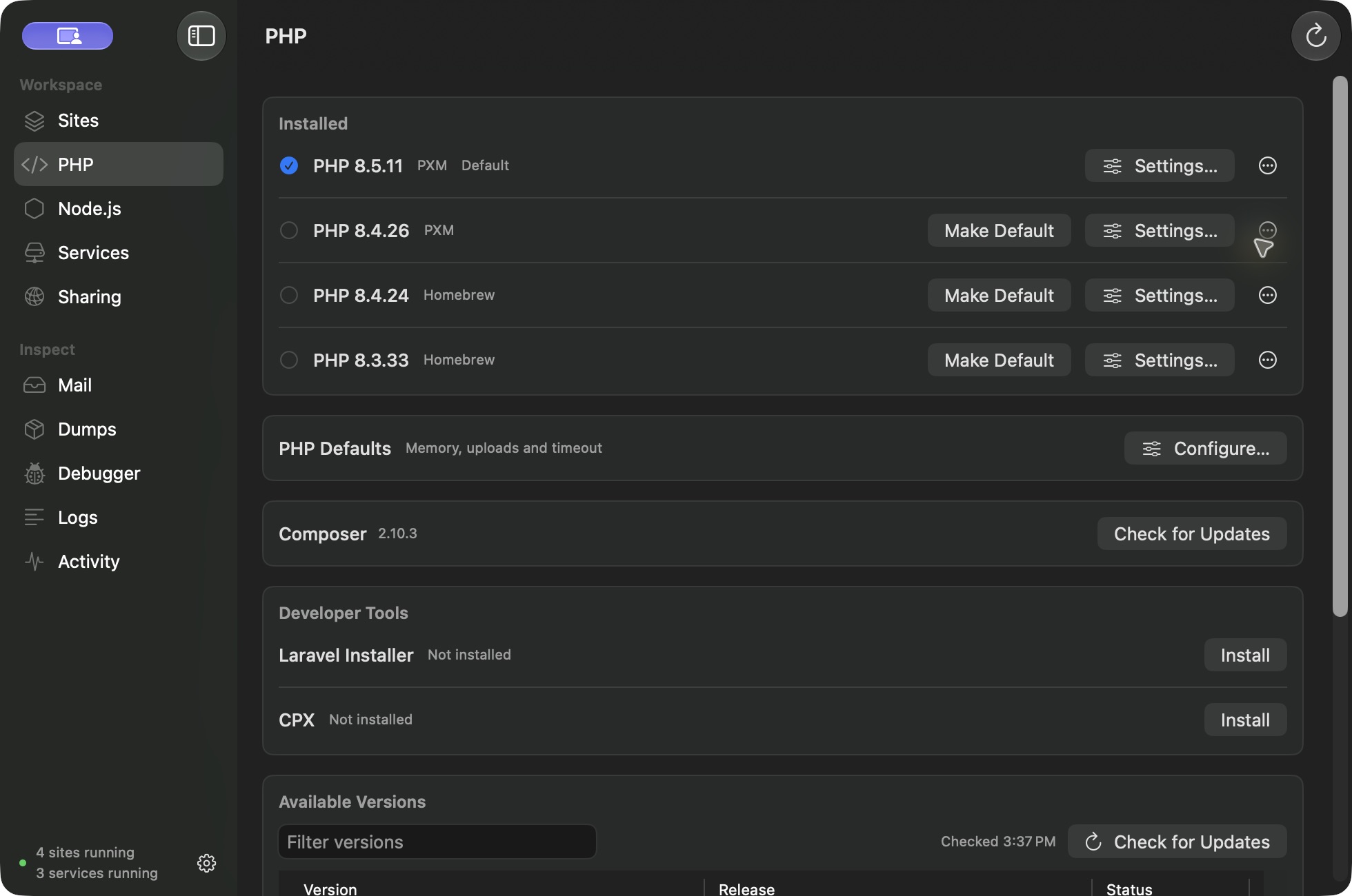Actual PXM PHP manager with prebuilt versions installed