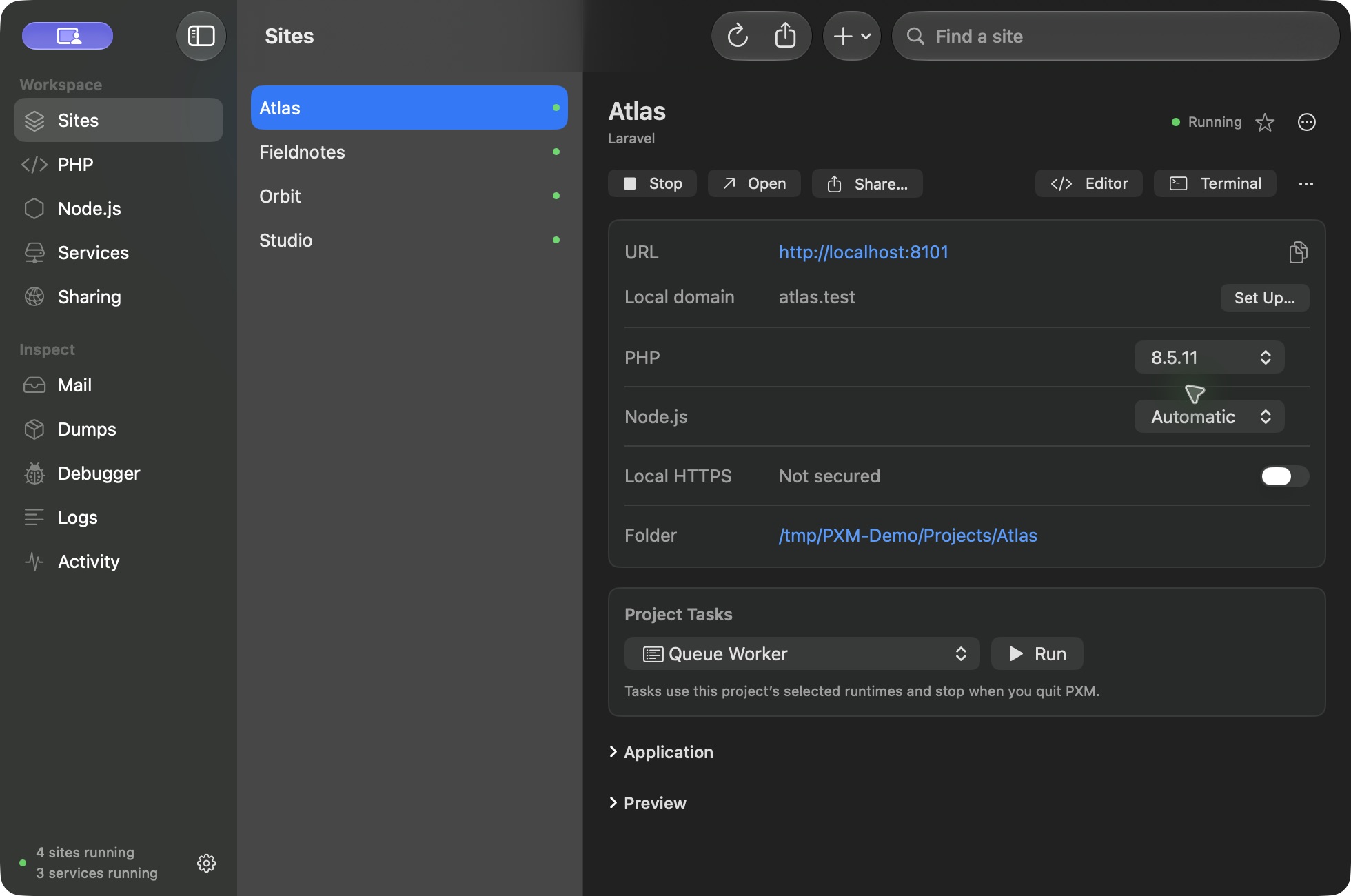 The Project Tasks panel of the Atlas site in PXM, with Queue Worker selected.
